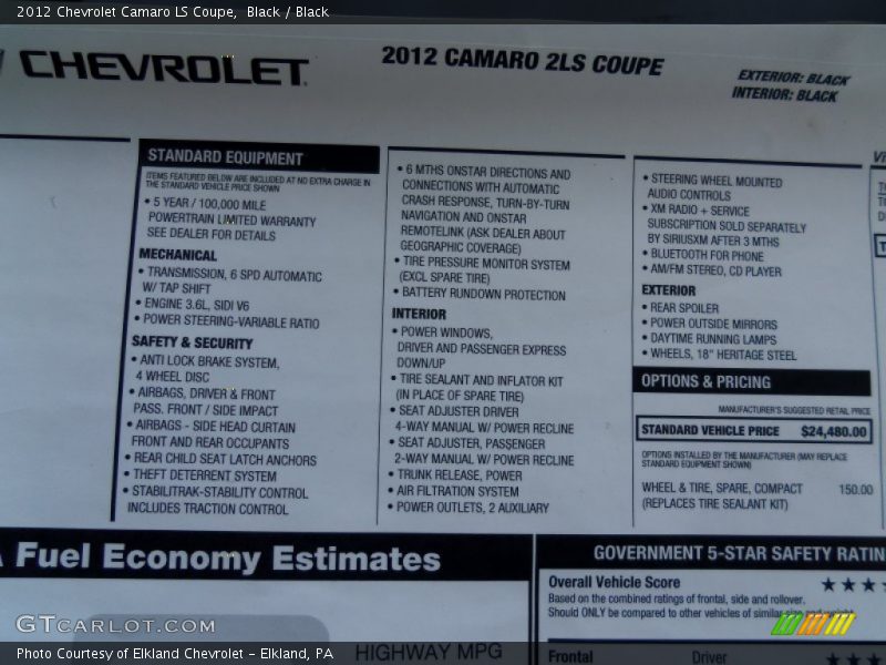  2012 Camaro LS Coupe Window Sticker