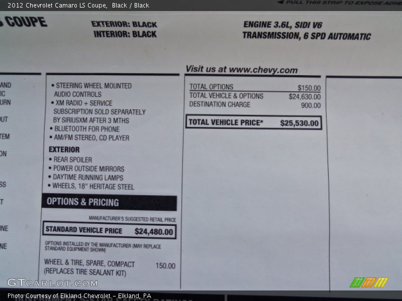  2012 Camaro LS Coupe Window Sticker