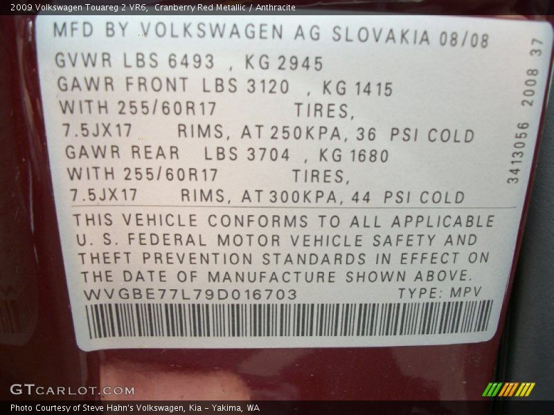 Cranberry Red Metallic / Anthracite 2009 Volkswagen Touareg 2 VR6