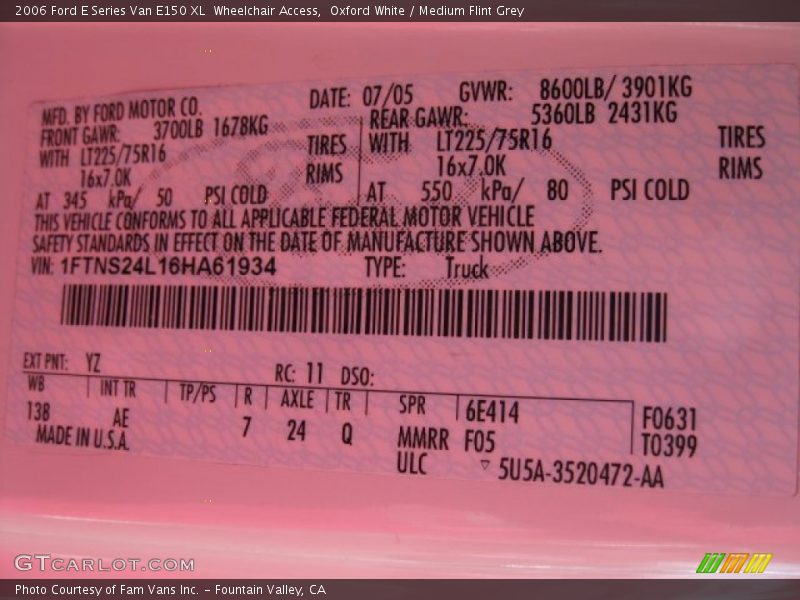 Oxford White / Medium Flint Grey 2006 Ford E Series Van E150 XL  Wheelchair Access