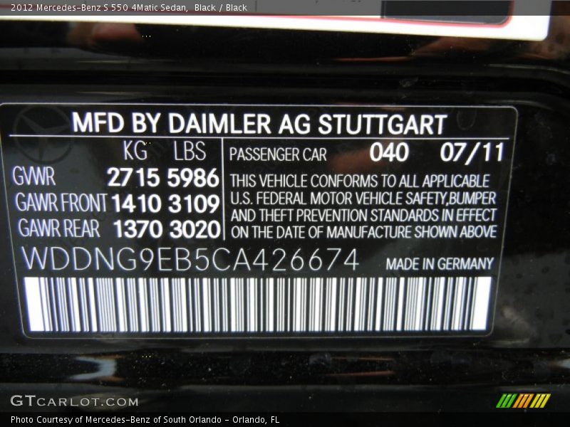 2012 S 550 4Matic Sedan Black Color Code 040