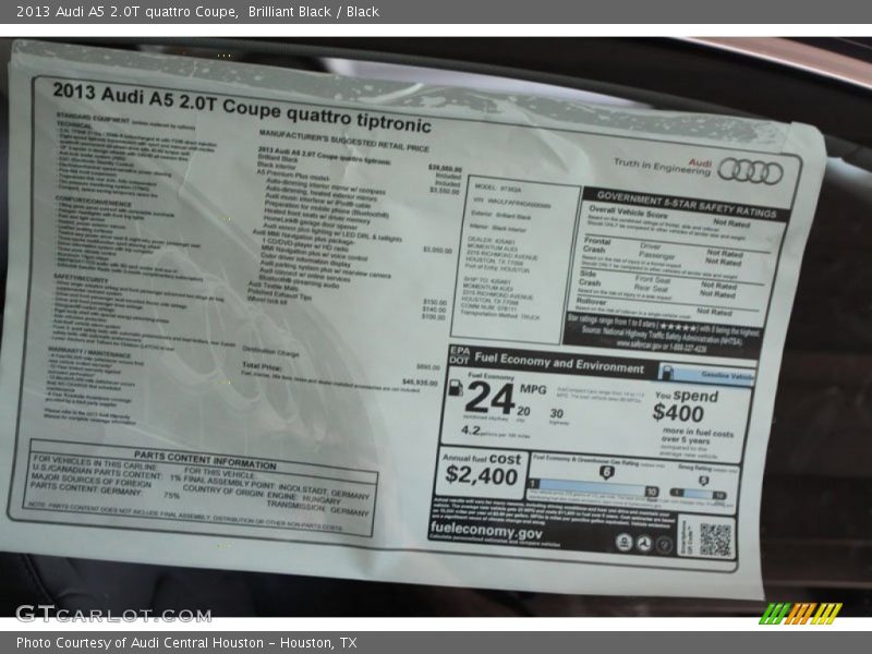  2013 A5 2.0T quattro Coupe Window Sticker