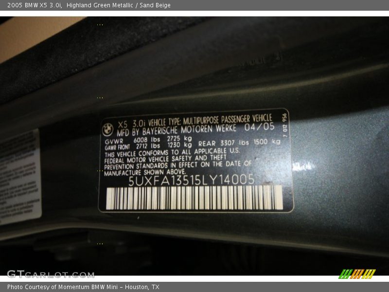 Highland Green Metallic / Sand Beige 2005 BMW X5 3.0i