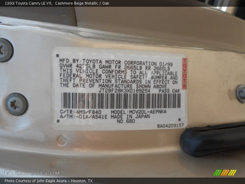 1999 Camry LE V6 Cashmere Beige Metallic Color Code 4M9