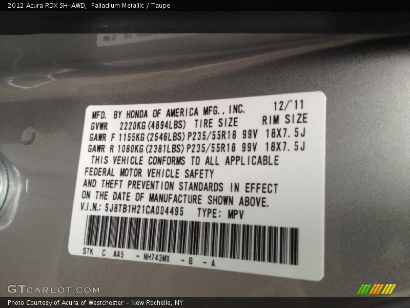 2012 RDX SH-AWD Palladium Metallic Color Code NH743MX