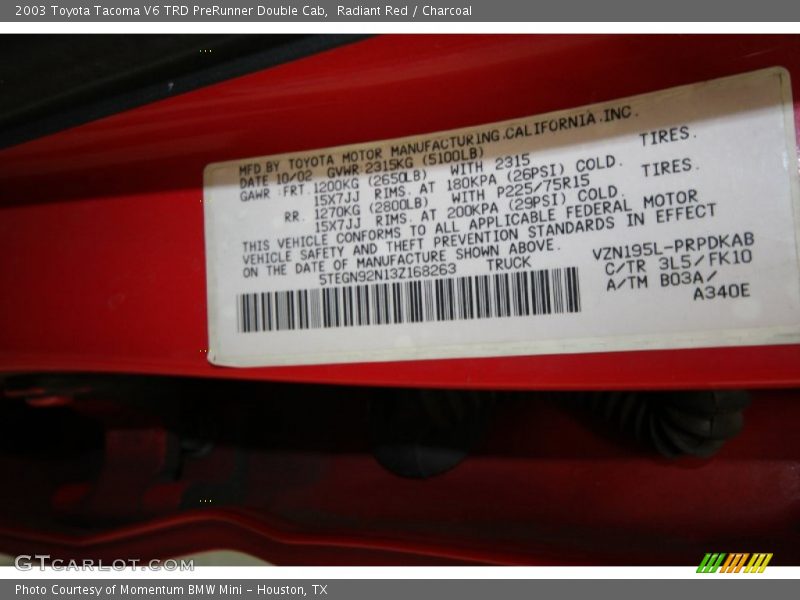 2003 Tacoma V6 TRD PreRunner Double Cab Radiant Red Color Code 3L5