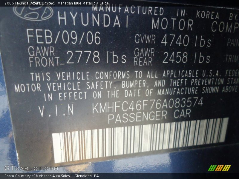 Venetian Blue Metallic / Beige 2006 Hyundai Azera Limited