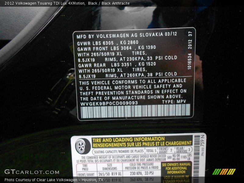 Black / Black Anthracite 2012 Volkswagen Touareg TDI Lux 4XMotion