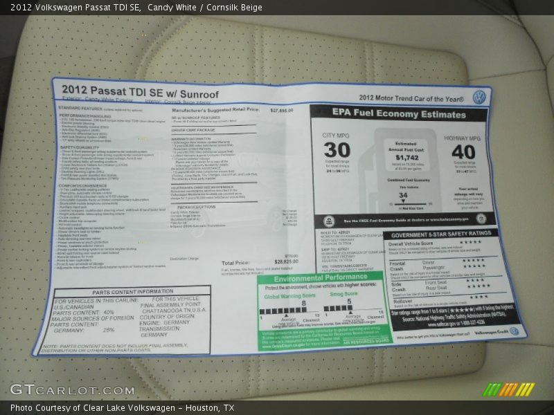 Candy White / Cornsilk Beige 2012 Volkswagen Passat TDI SE
