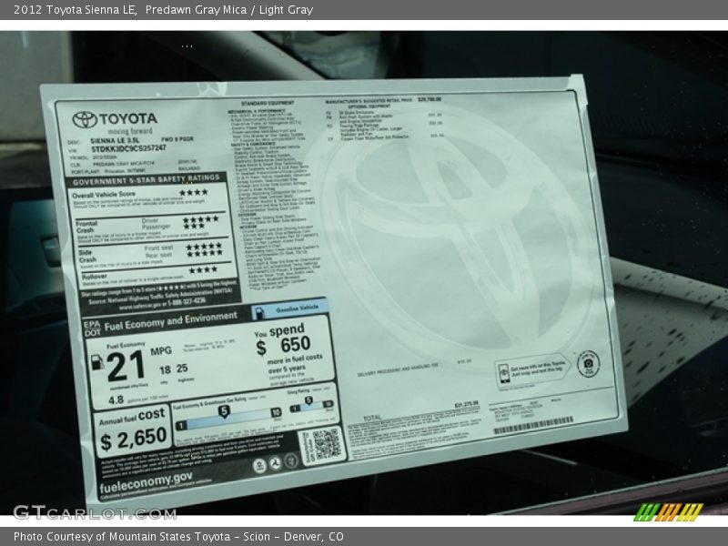 Predawn Gray Mica / Light Gray 2012 Toyota Sienna LE