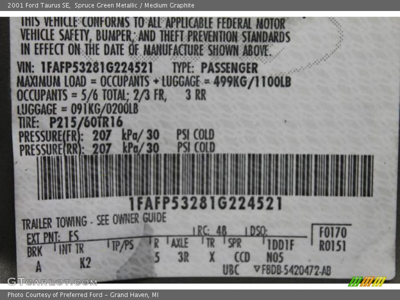 2001 Taurus SE Spruce Green Metallic Color Code FS