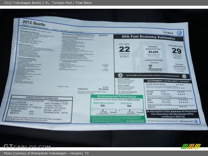 Tornado Red / Titan Black 2012 Volkswagen Beetle 2.5L