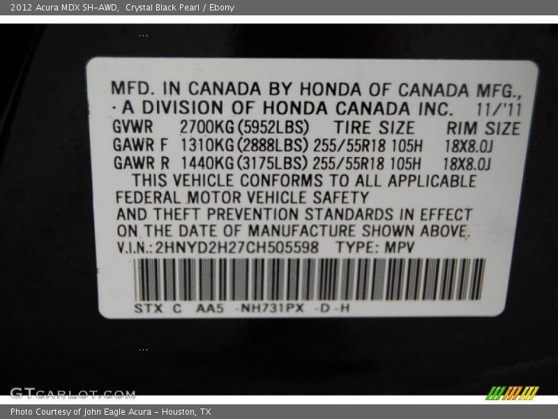 Crystal Black Pearl / Ebony 2012 Acura MDX SH-AWD