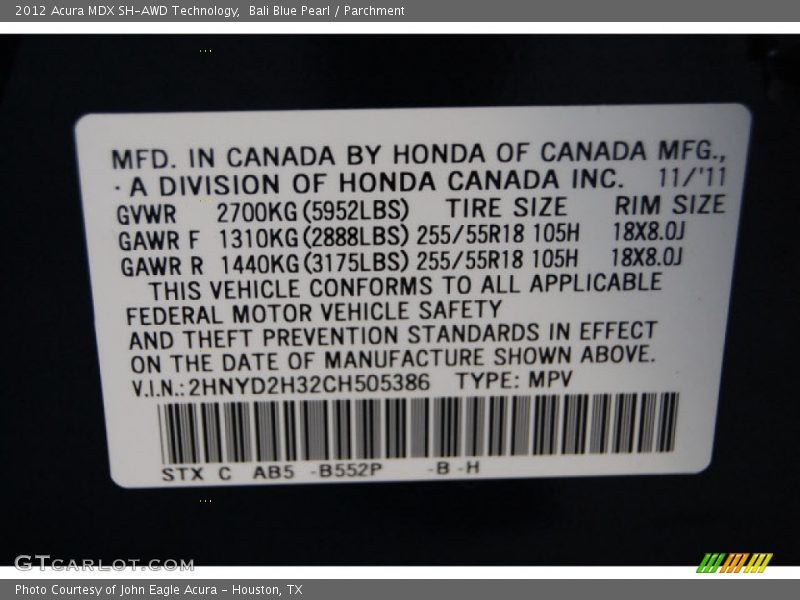 Bali Blue Pearl / Parchment 2012 Acura MDX SH-AWD Technology