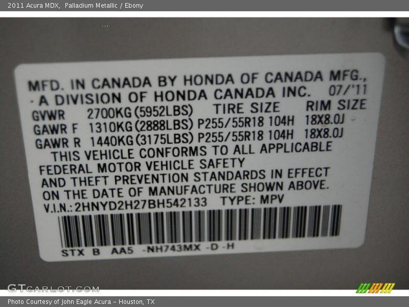 Palladium Metallic / Ebony 2011 Acura MDX
