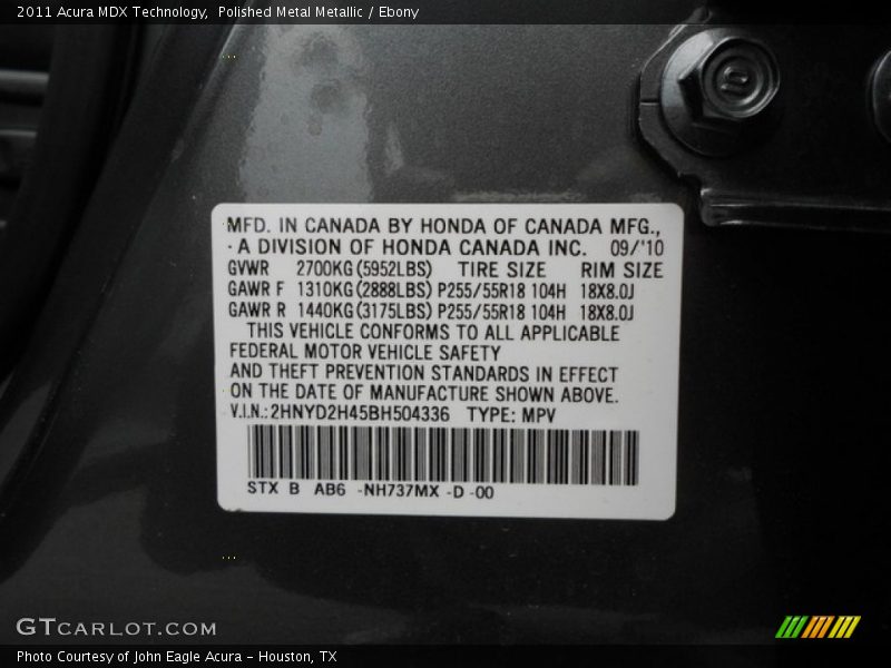 2011 MDX Technology Polished Metal Metallic Color Code NH737MX