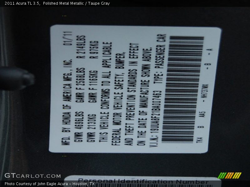 Polished Metal Metallic / Taupe Gray 2011 Acura TL 3.5