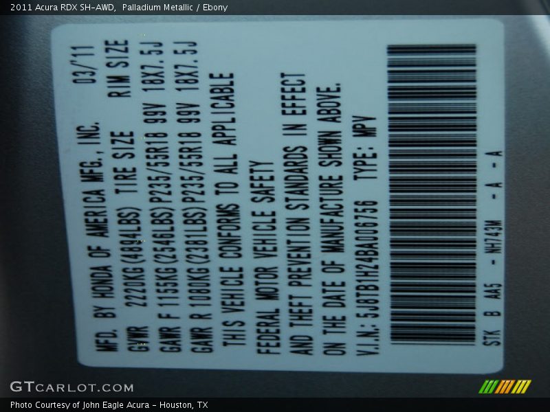 2011 RDX SH-AWD Palladium Metallic Color Code NH743M