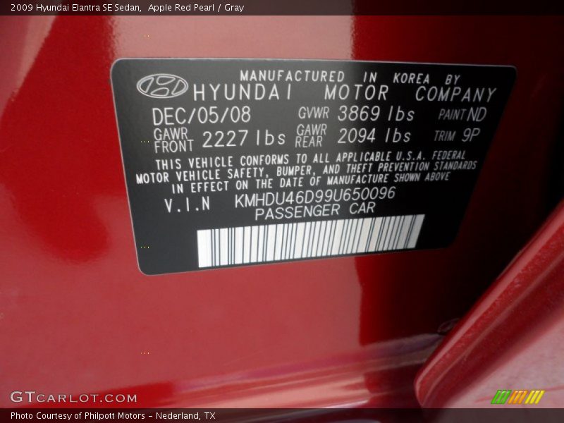 2009 Elantra SE Sedan Apple Red Pearl Color Code ND