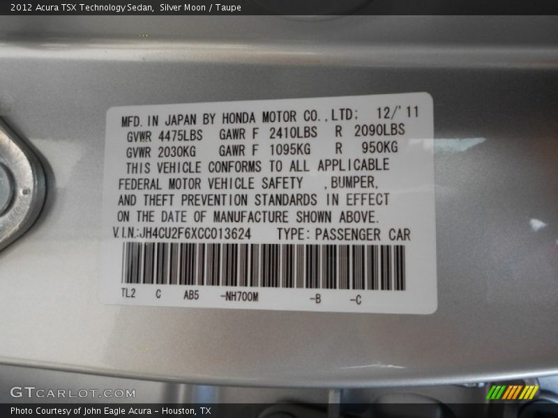 Silver Moon / Taupe 2012 Acura TSX Technology Sedan