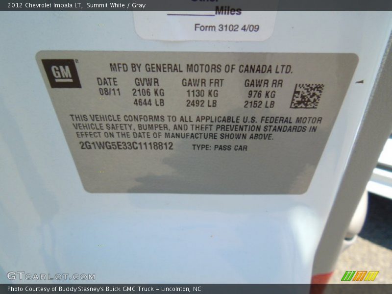 Summit White / Gray 2012 Chevrolet Impala LT