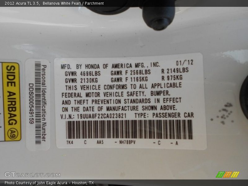 Bellanova White Pearl / Parchment 2012 Acura TL 3.5
