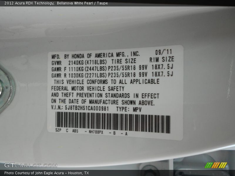 2012 RDX Technology Bellanova White Pearl Color Code NH788PX