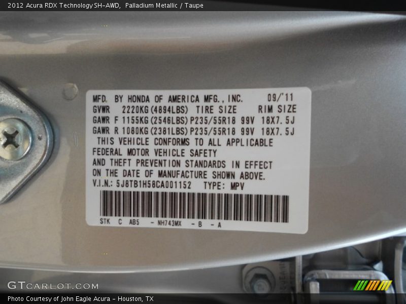 2012 RDX Technology SH-AWD Palladium Metallic Color Code NH743MX