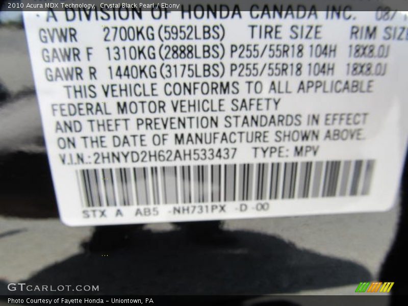 Crystal Black Pearl / Ebony 2010 Acura MDX Technology