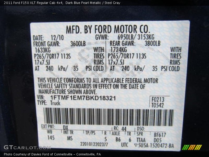 2011 F150 XLT Regular Cab 4x4 Dark Blue Pearl Metallic Color Code DX