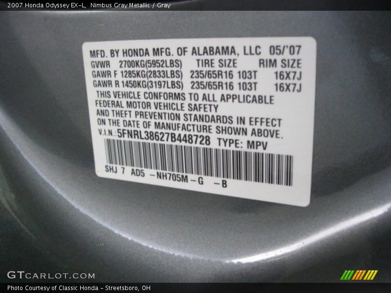 Nimbus Gray Metallic / Gray 2007 Honda Odyssey EX-L