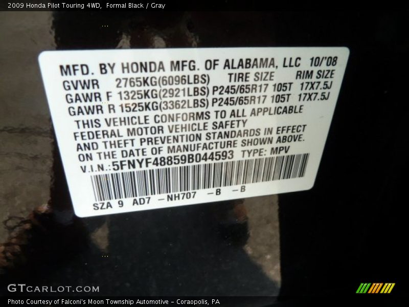 Formal Black / Gray 2009 Honda Pilot Touring 4WD