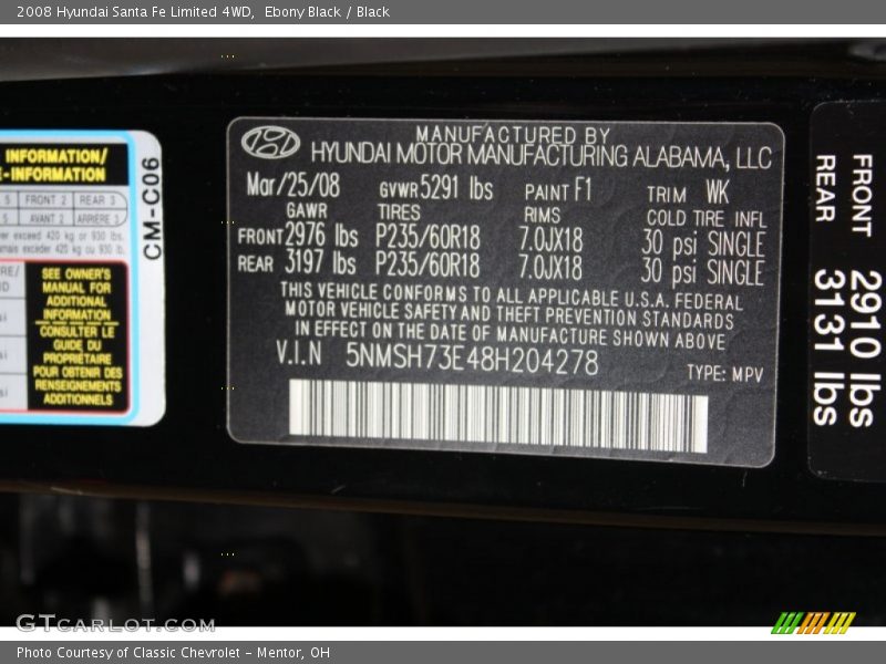 2008 Santa Fe Limited 4WD Ebony Black Color Code F1