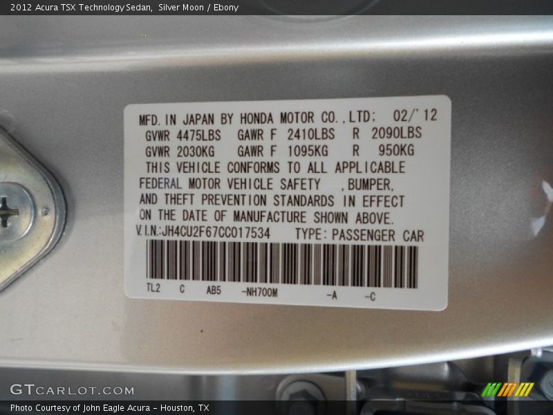 Silver Moon / Ebony 2012 Acura TSX Technology Sedan