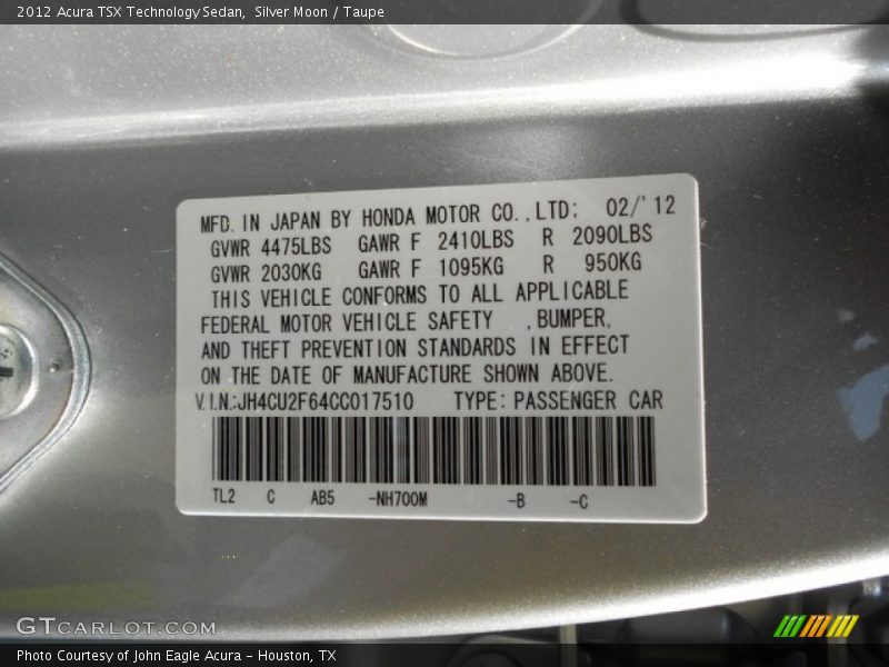 Silver Moon / Taupe 2012 Acura TSX Technology Sedan