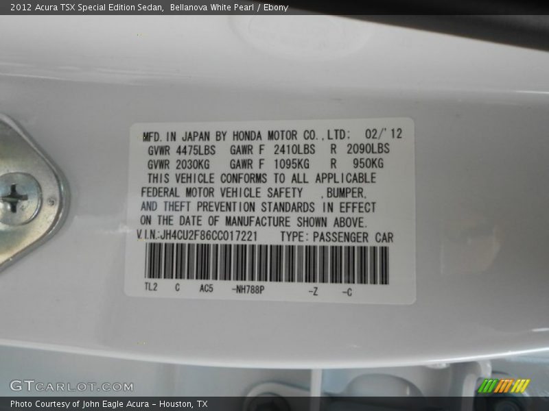 2012 TSX Special Edition Sedan Bellanova White Pearl Color Code NH788P