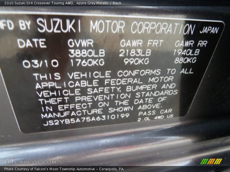 Info Tag of 2010 SX4 Crossover Touring AWD