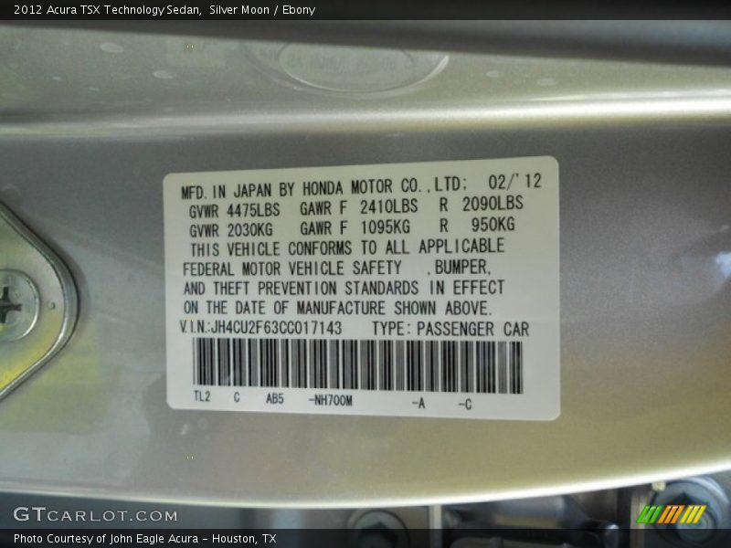 Silver Moon / Ebony 2012 Acura TSX Technology Sedan