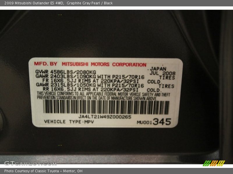 Graphite Gray Pearl / Black 2009 Mitsubishi Outlander ES 4WD