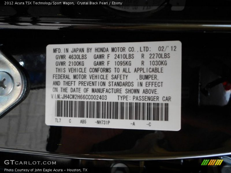 2012 TSX Technology Sport Wagon Crystal Black Pearl Color Code NH731P