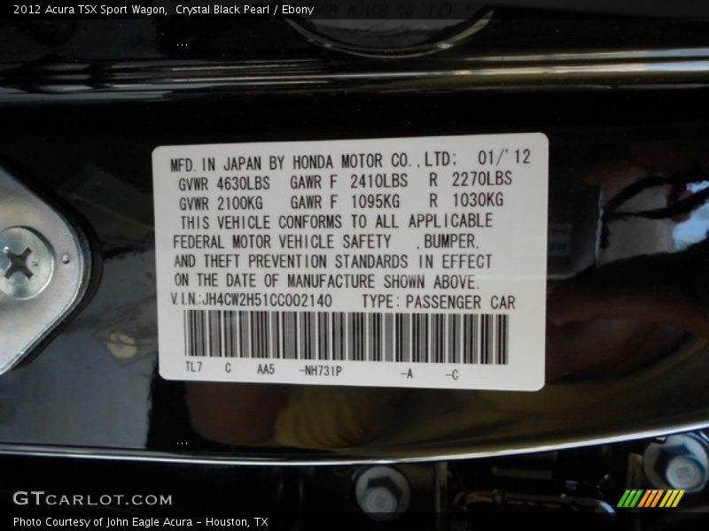 2012 TSX Sport Wagon Crystal Black Pearl Color Code NH731P