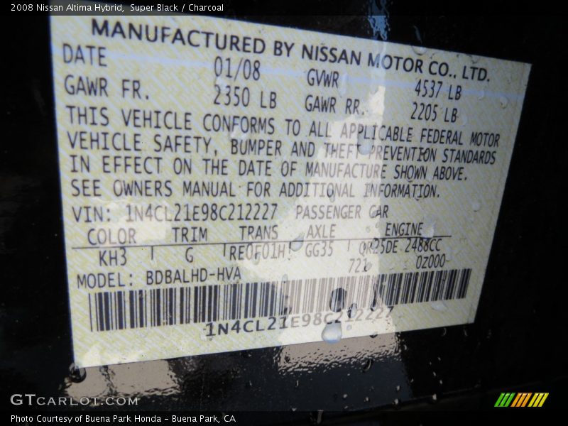 Super Black / Charcoal 2008 Nissan Altima Hybrid