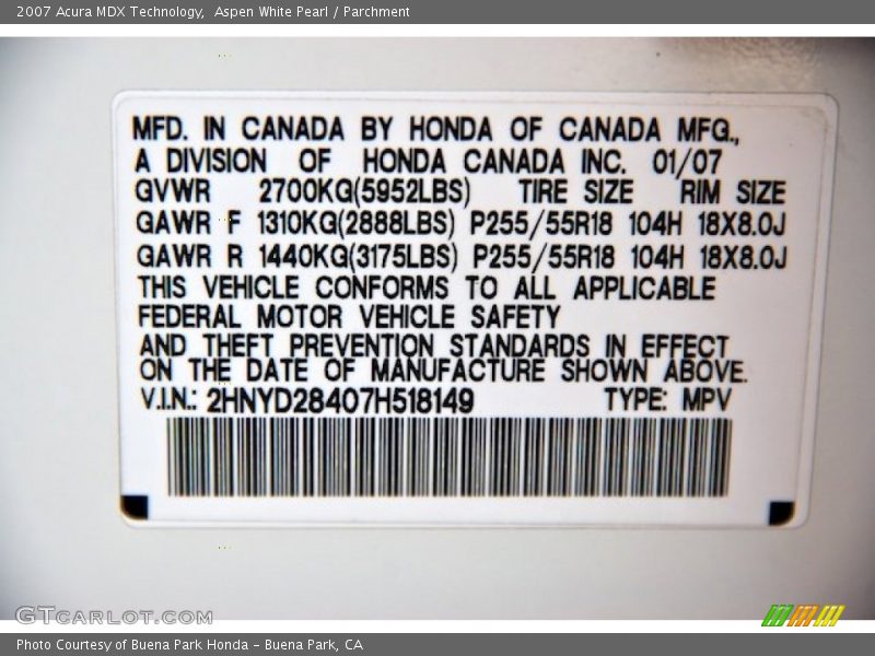 Aspen White Pearl / Parchment 2007 Acura MDX Technology