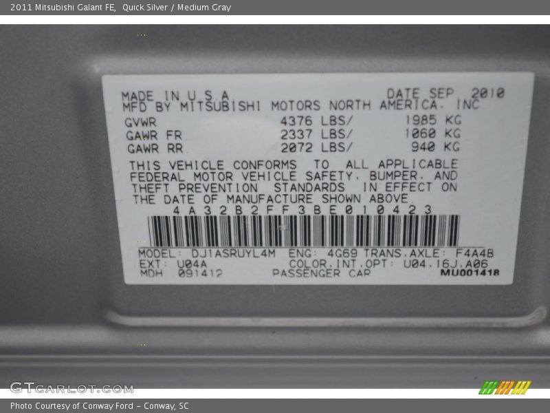 Quick Silver / Medium Gray 2011 Mitsubishi Galant FE