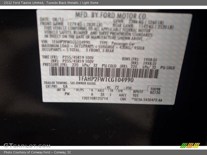 Tuxedo Black Metallic / Light Stone 2012 Ford Taurus Limited