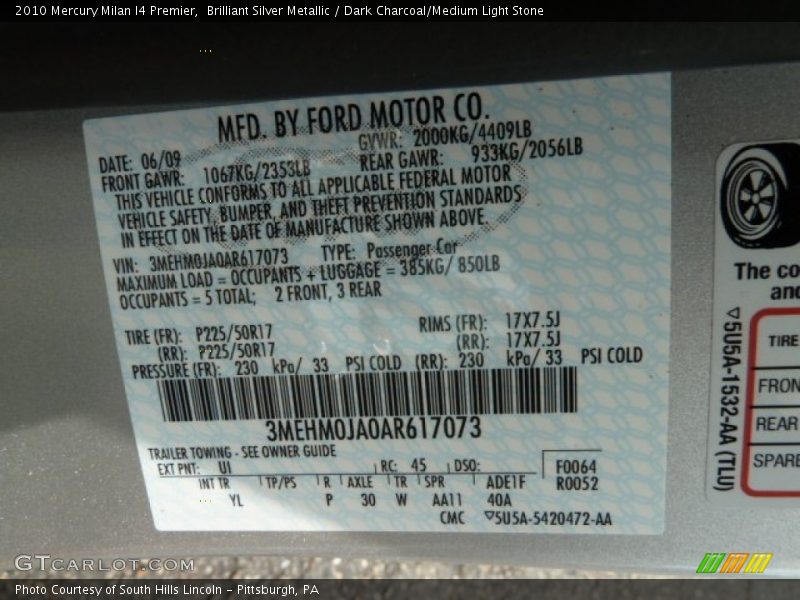 2010 Milan I4 Premier Brilliant Silver Metallic Color Code UI