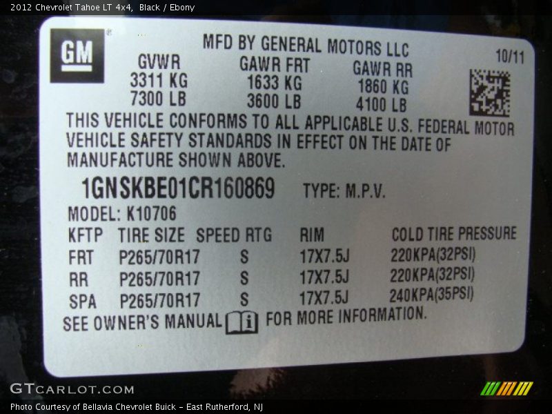 Black / Ebony 2012 Chevrolet Tahoe LT 4x4