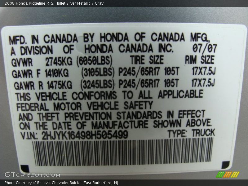 Billet Silver Metallic / Gray 2008 Honda Ridgeline RTS
