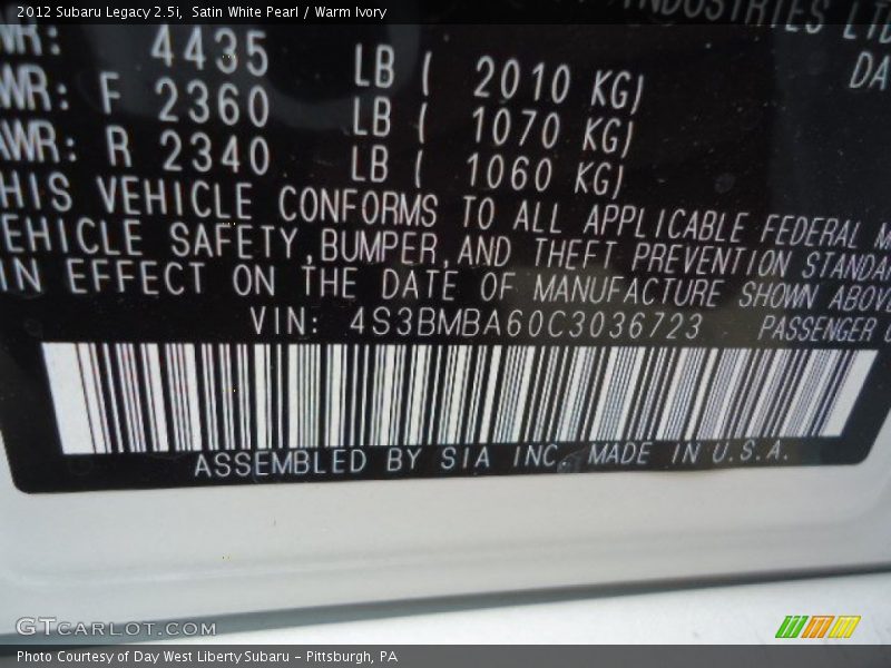 Satin White Pearl / Warm Ivory 2012 Subaru Legacy 2.5i