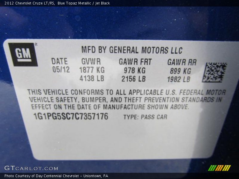 Blue Topaz Metallic / Jet Black 2012 Chevrolet Cruze LT/RS